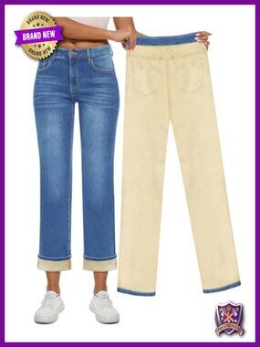Fleece Lined Jeans High Waisted Straight Leg Winter Pants